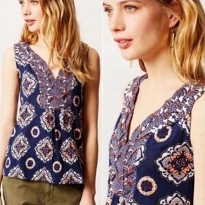 Anthropologie Akemi + Kin Sleeveless Paisley V-Neck Tank Top Blue EUC XS